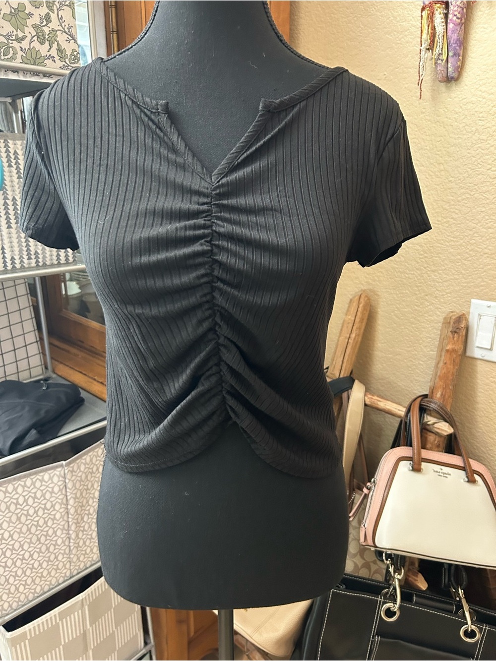 YMI Black Ribbed Ruched V-Neck Crop Top
